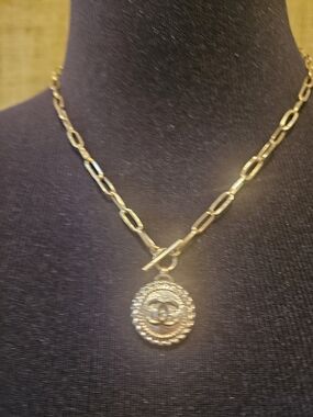 Gold Toggle Paperclip Chain Necklace with Round "CC" Logo Medallion